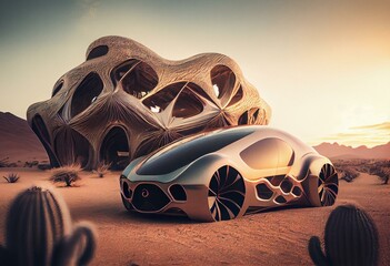 car of the future on the background of the desert. Generative AI
