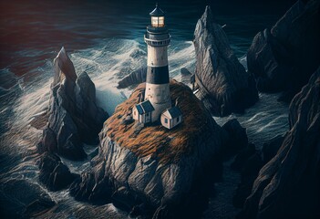 Lighthouse on a cliff over the ocean shore - generative AI
