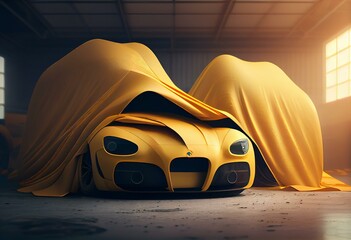 Yellow cars that are covered in fabric. 3d render and illustration. Generative AI