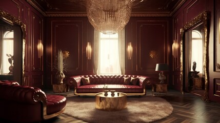Experience Interior Luxury with Award-Winning Design 8K HD: Rich Gold and Deep Burgundy Walls, Shiny Bionic Furniture, and Classic Antique Decor, Generative AI