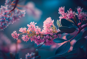Blurred exquisite spring natural floral background in blue and pink pastel colors. Delicate pink spring flowers. Generative AI