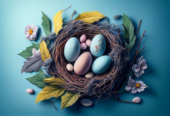 Easter poster background template with Easter eggs in nest on light blue background. Easter day wishes and gifts, Generative AI