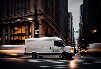 white cargo van drives fast down city street for urgent delivery of goods. Generative AI