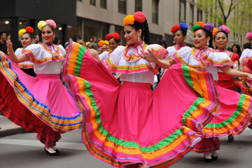 Fabulous Cinco de Mayo female dancer. Beautiful female in traditional costume and sombrero dancing.Generative AI