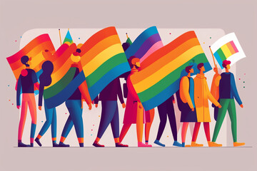 People group holding rainbow flag, lgbt pride festival concept. Generative ai. - obrazy, fototapety, plakaty