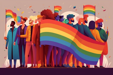 People group holding rainbow flag, lgbt pride festival concept. Generative ai. - obrazy, fototapety, plakaty