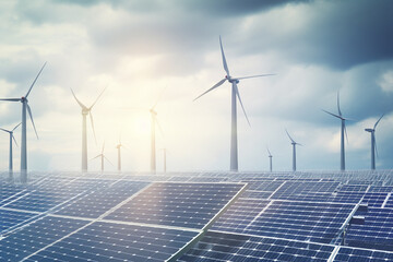 Renewable energy concept, photovoltaic panels and wind turbines in the light of the rising sun