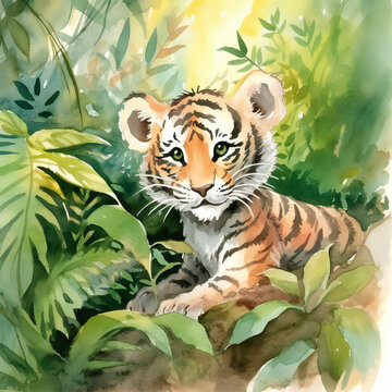 baby tigher in the forest watercolor paint created with Generative AI technology