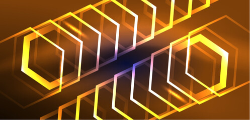 Hexagon abstract background. Techno glowing neon hexagon shapes vector illustration for wallpaper, banner, background, landing page, wall art, invitation, prints, posters