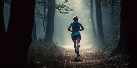 Fototapeta premium Morning Rush: Woman Trail Running through Sunlit Forest Trail. Generative AI