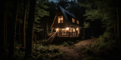 Fototapeta na wymiar Solitude in the Forest: Forest cabin in the dark woods at night. Generative AI