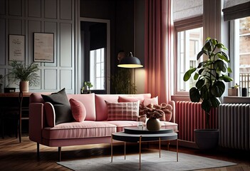 Living room with a pink sofa. Generative AI