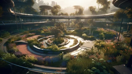 Foto op Canvas Revolutionizing Urban Landscapes: A Cinematic City Park of the Future with AI-Driven Irrigation & Hyper-Detailed HUID Interfaces, Generative AI © Georgy