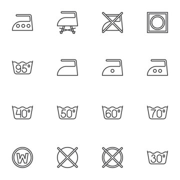 Laundry symbols line icons set