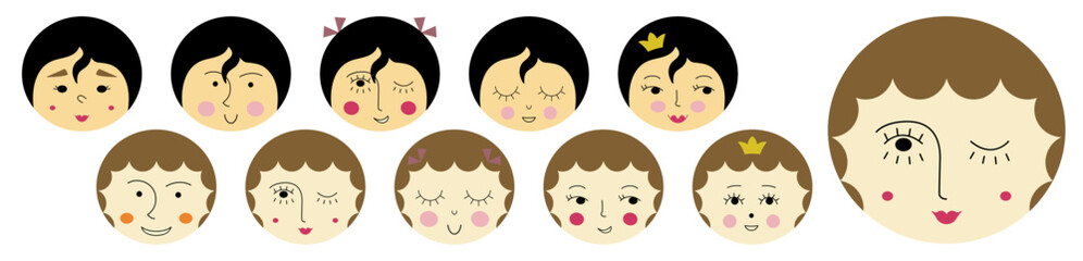 Feminine look, abstract personage, mascot design, funny face, cute icon.