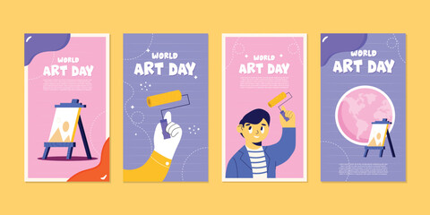 set of template icons for happy world art day. Concept Illustration of a boy again painting beautifully on a yellow background.