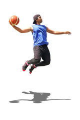 man playing basketball jump for dunk