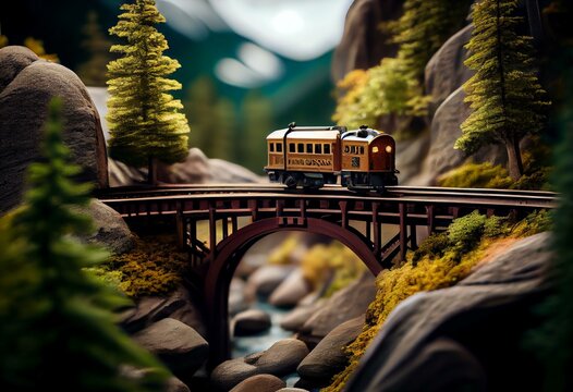 a toy train is traveling over a bridge in a forest area with trees and rocks on both sides of the track and a mountain in the background.  generative ai