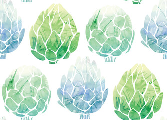 Vector watercolor seamless pattern with silhouette of artichokes on white background in row. Texture with green cabbage vegetable with paint splash.
