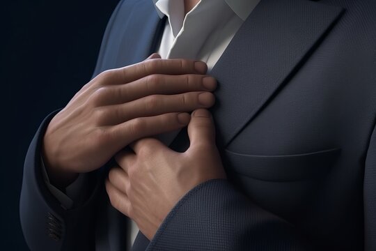 A business person pats their chest with the palm of their hand,trust concept