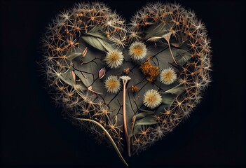 Dandelion flowers in heart shape. Generative AI
