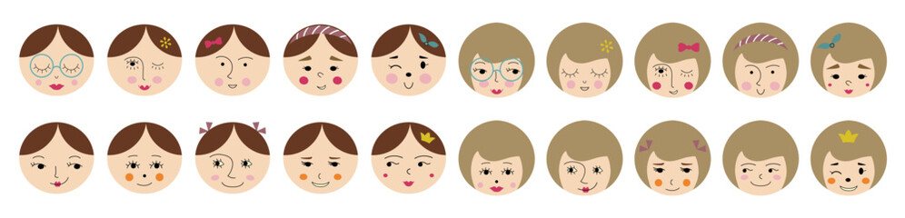 Feminine look, abstract personage, mascot design, funny face, cute icon.