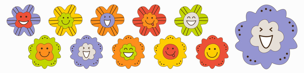 Smiling flower, abstract personage, mascot design, funny face, cute icon.