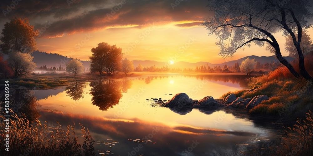 Wall mural Stunning river scene and dawn. Generative AI