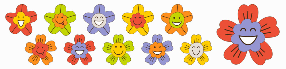 Smiling flower, abstract personage, mascot design, funny face, cute icon.