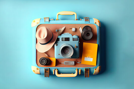 Suitcase with traveler accessories. Generative Ai