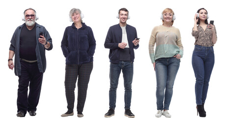 Obraz premium group of people in headphones and phone isolated