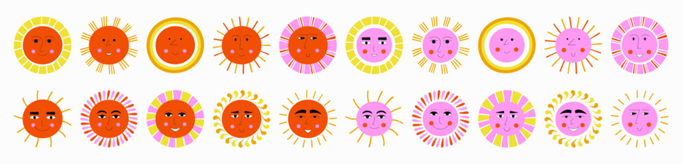 Smiling sun, abstract personage, mascot design, funny face, cute icon.
