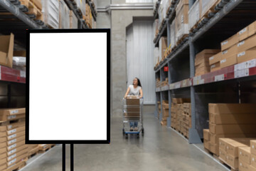 Empty billboard mock up in supermarket in front of woman using shopping cart. Blank Poster frame template in Supermarket blur People.
