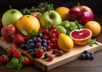 Organic and healthy fruits on a wooden board. Generative AI.