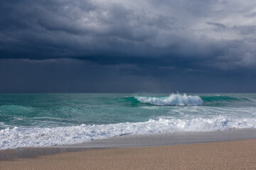Big storm waves of Mediterranean sea on Alanya beach Turkey coast