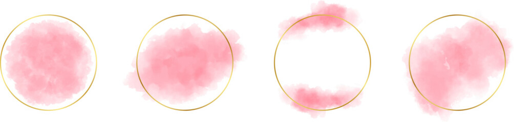 Gold frame with abstract splashes of pink watercolor brush strokes for logos, banners, cards, covers, flyers, and posters, watercolor strokes with gold frame