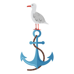 Seagull bird standing on sea anchor, flat style vector illustration. Nautical concept. 