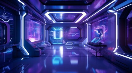Shiny Walls Meet Electric Blue and Bright Purple in an Award-Winning Bionic Interior Design with the Latest HD Technology and Vector Illustratio, Generative AI