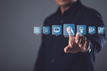 Smart Home and new technology to management the house, House intelligent control system concept, Hand shows the signs of smart home icon on dark background, Idea of new smart solution.