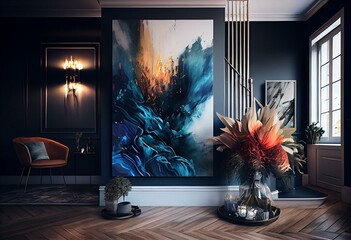 AI generated and PS overaltered Interior with abstract art painting pictures. Generative AI