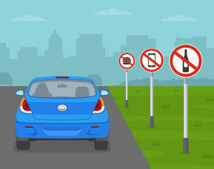 Safe driving rules. Back view of a car on road with restriction signs. Do not drink alcohol, use mobile phone and eat or drink while driving. Flat vector illustration template.