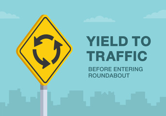 Safe driving tips and traffic regulation rules. "Yield to traffic before entering roundabout" road sign. Close-up view. Flat vector illustration template. © flatvectors