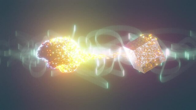 Transferring Information 3D Brain to Cube with Brainwaves in Background - Abstract 3D Render Animation