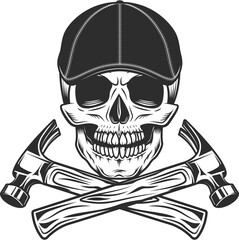 Skull in gangster gatsby tweed hat flat cap with construction hammer repair service tool vintage illustration