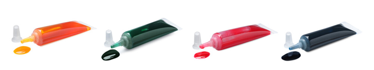 Collage of tubes with different food coloring isolated on white