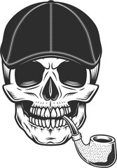 Skull smoking pipe in gangster gatsby tweed hat flat cap vintage illustration