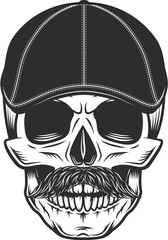 Skull in gangster gatsby tweed hat flat cap with mustache vintage illustration