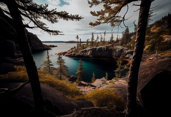 Trees, rocks, forest and Lake on the Under the Volcano Trail along the beautiful rocky coast of Lake Superior at Neys Provincial Park, Ontario, Canada. Generative AI