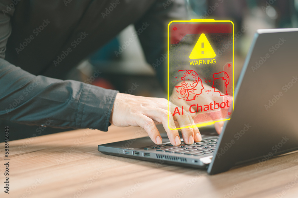 Poster Adult man using laptop chatting with a smart AI using an artificial intelligence chatbot with triangle caution warning sign for notification error concept. Chat with AI, Artificial Intelligence.