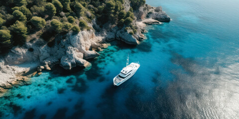 Fototapeta na wymiar Aerial view of luxury yacht and mediterranean island paradise. Generative AI